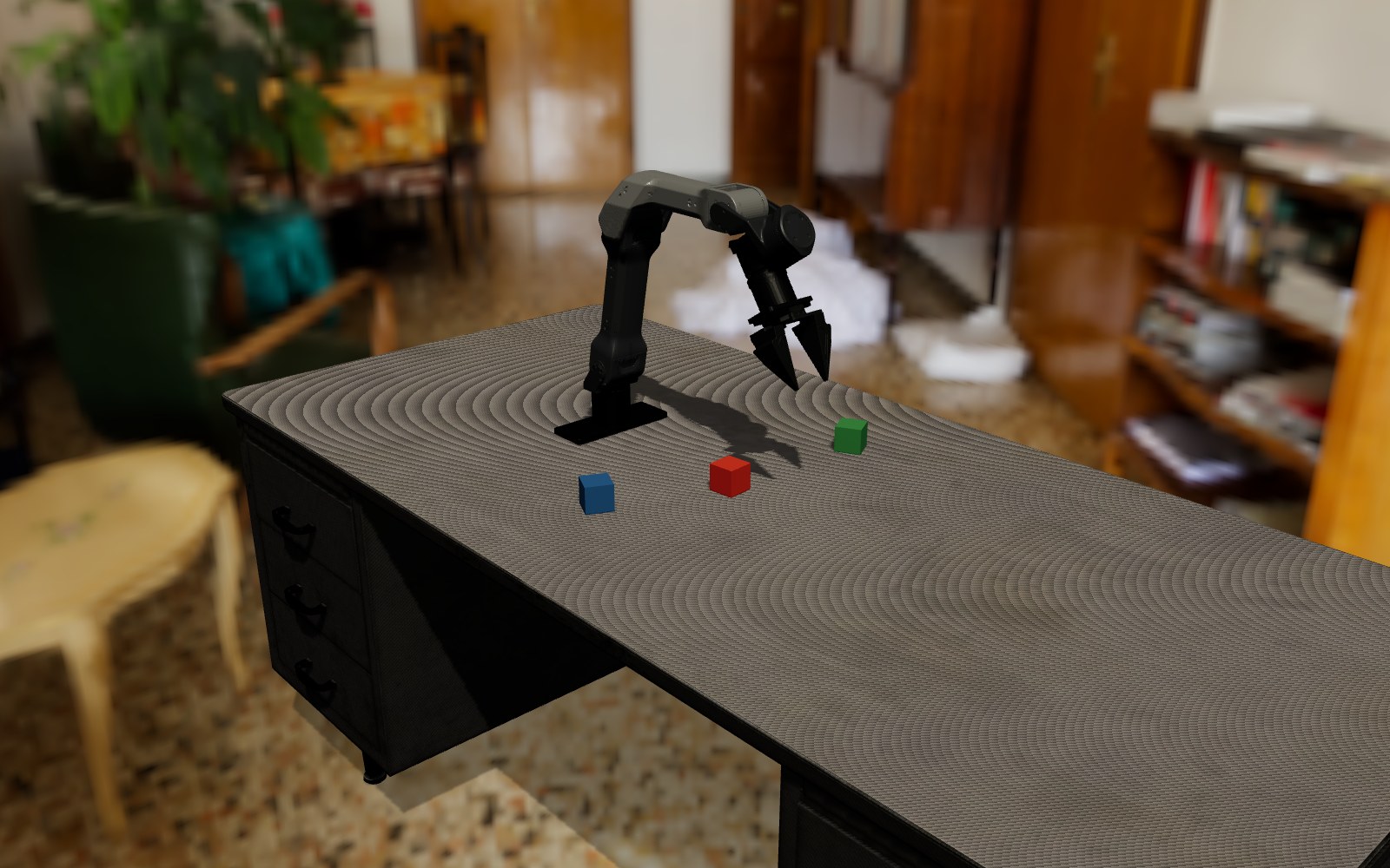 3jsVLA robot arm simulation with coloured cubes on a tabletop